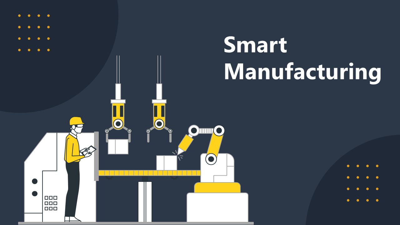 Slide deck with industrial automation visuals, hexagons, circles, and pyramid charts on dark background with yellow accents.