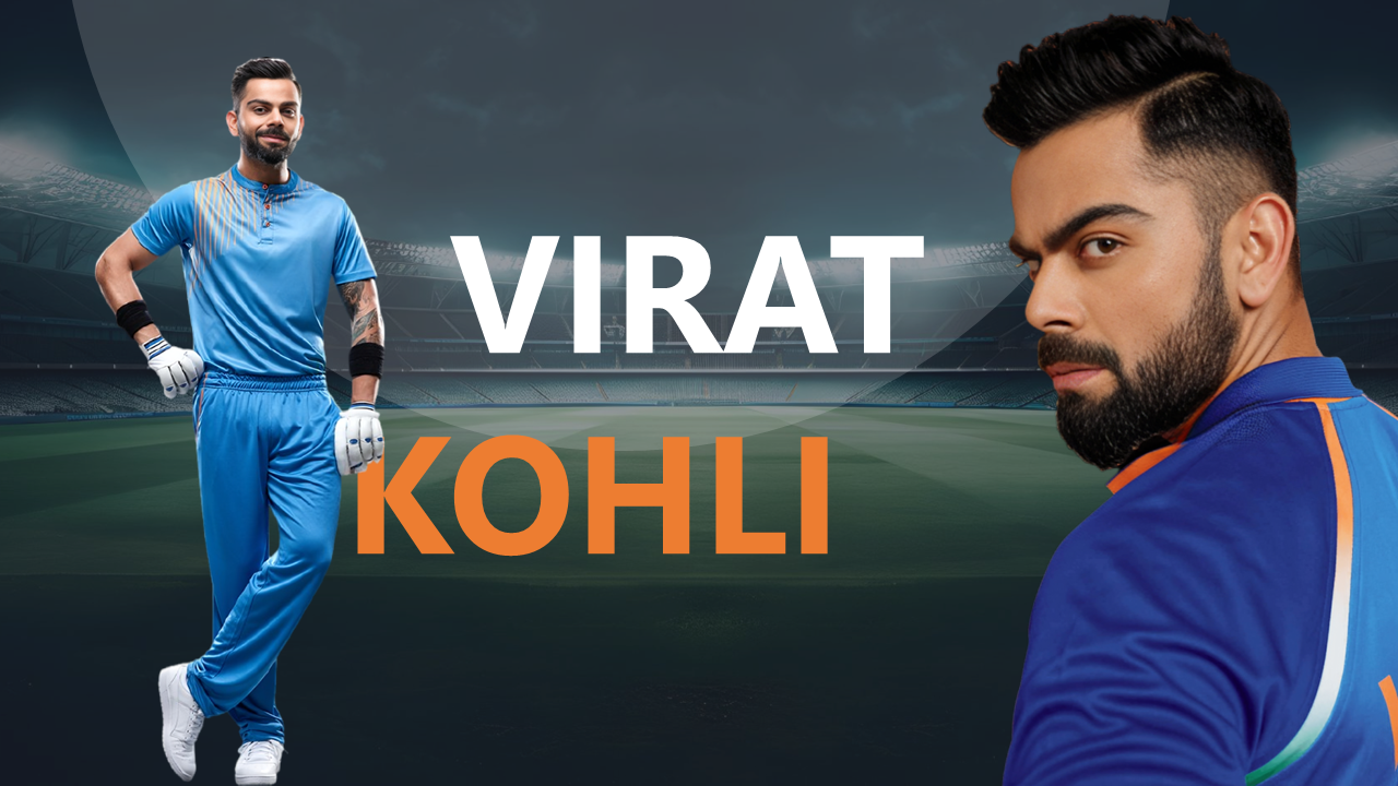 cricket-themed slide deck highlighting Virat Kohli, discussing key events that have influenced his career and personal life.