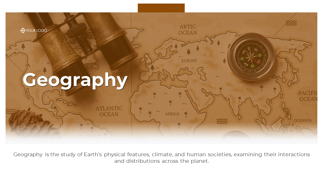 Geography presentation template featuring maps, compasses, and learning outcomes for an educational slide deck.