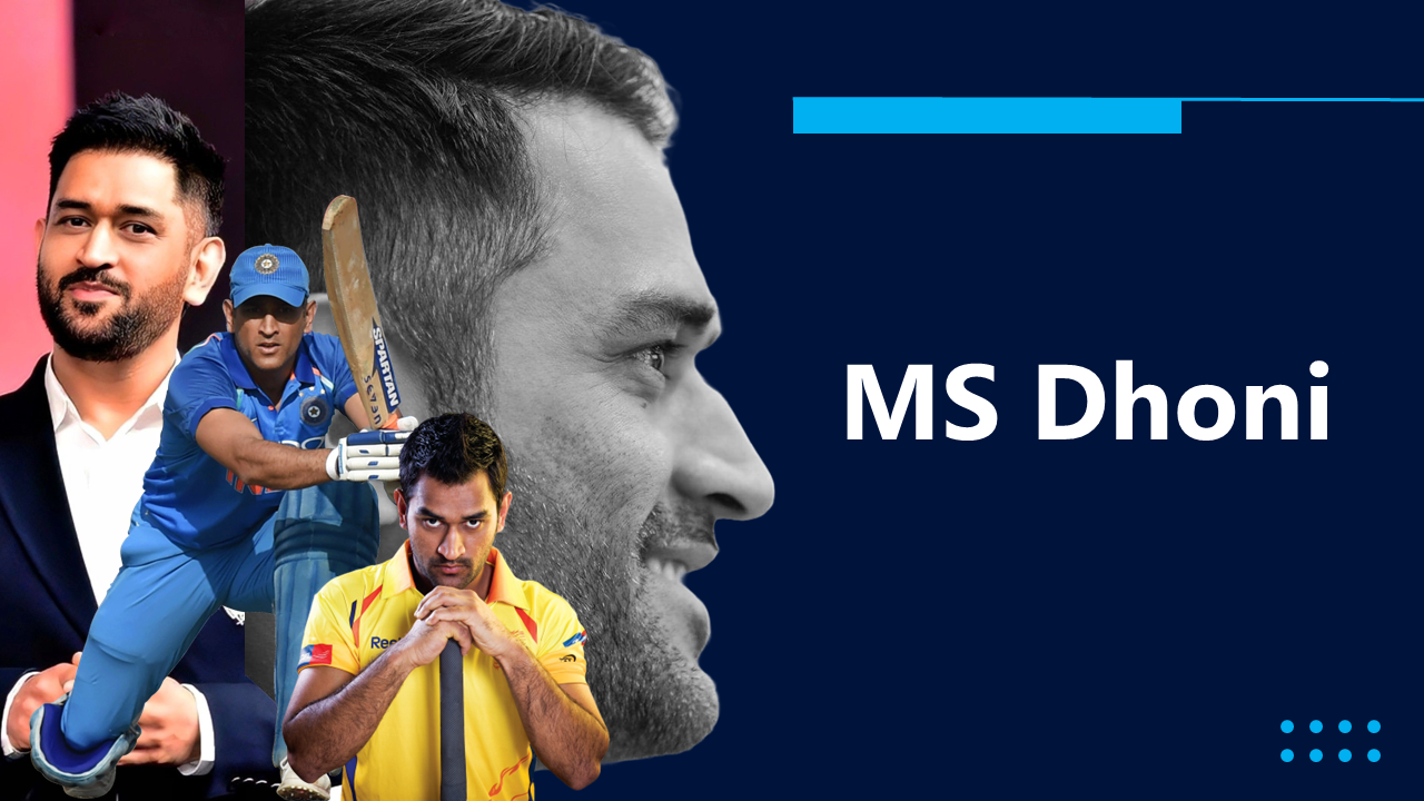 Slide deck on MS Dhoni with photos of his cricket journey, family, achievements, and IPL journey, on dark blue backgrounds.