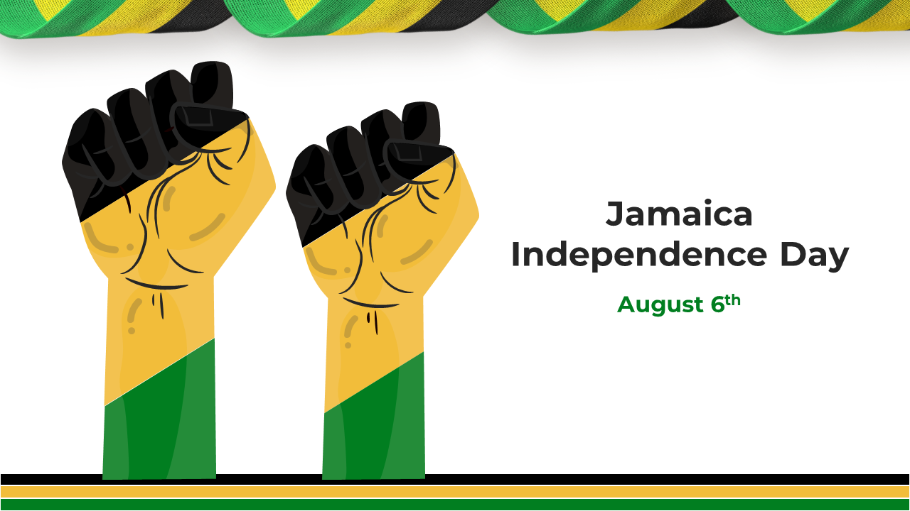 Slide deck for Jamaica Independence day featuring national symbols, historical background, and Independence day celebrations.