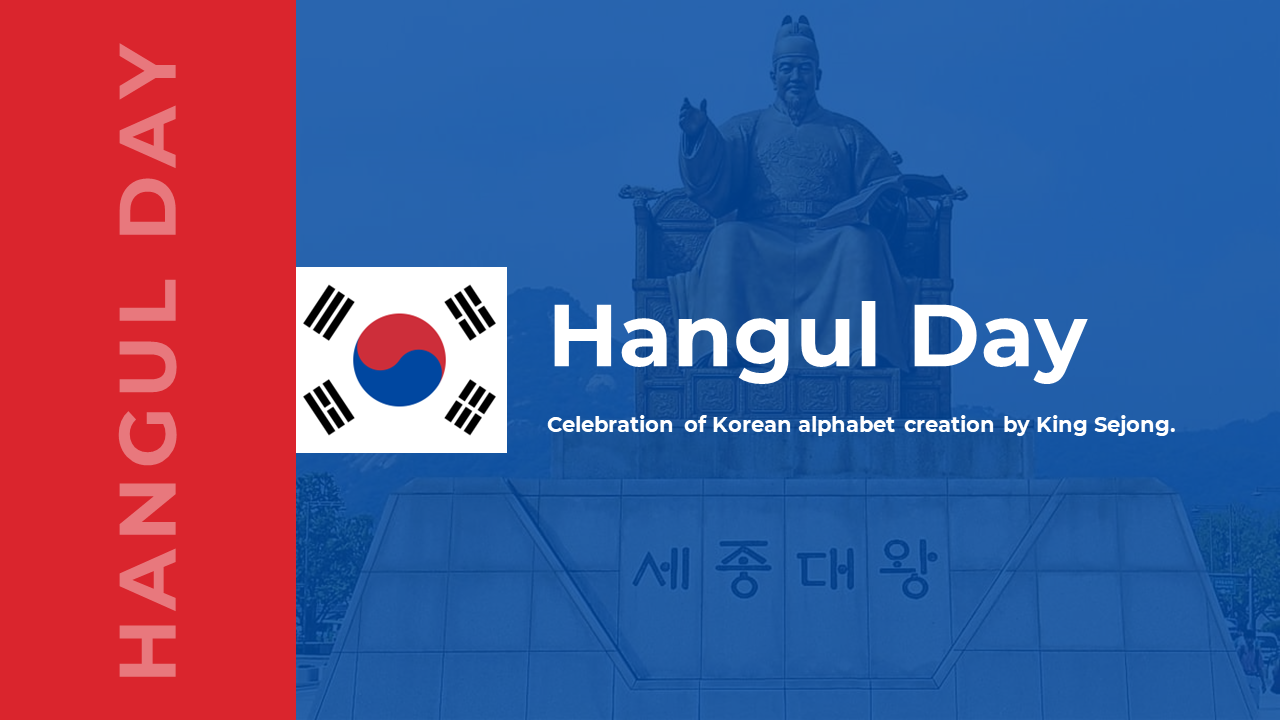 Hangul day slides highlighting the Korean alphabet's creation by King Sejong with images of statues and historical texts.