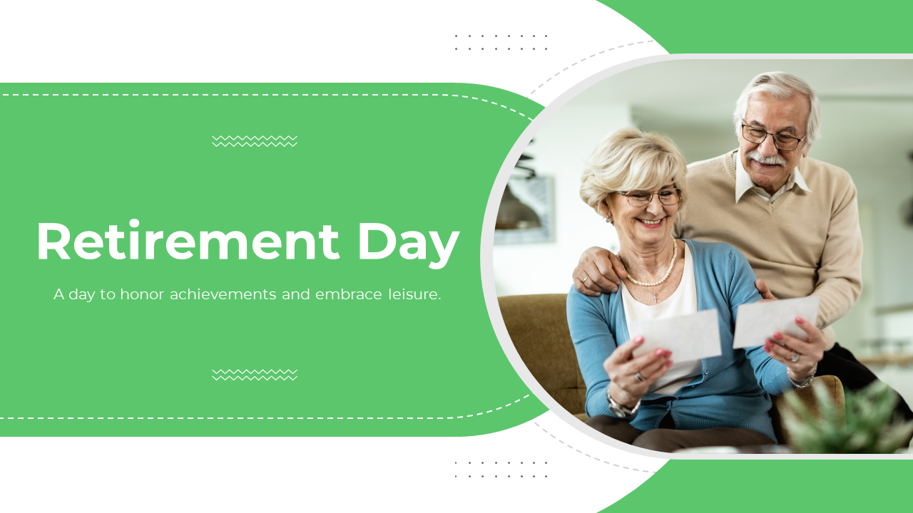 Slide deck on retirement, highlighting achievements and wellness, with a clean green layout and senior couple images.