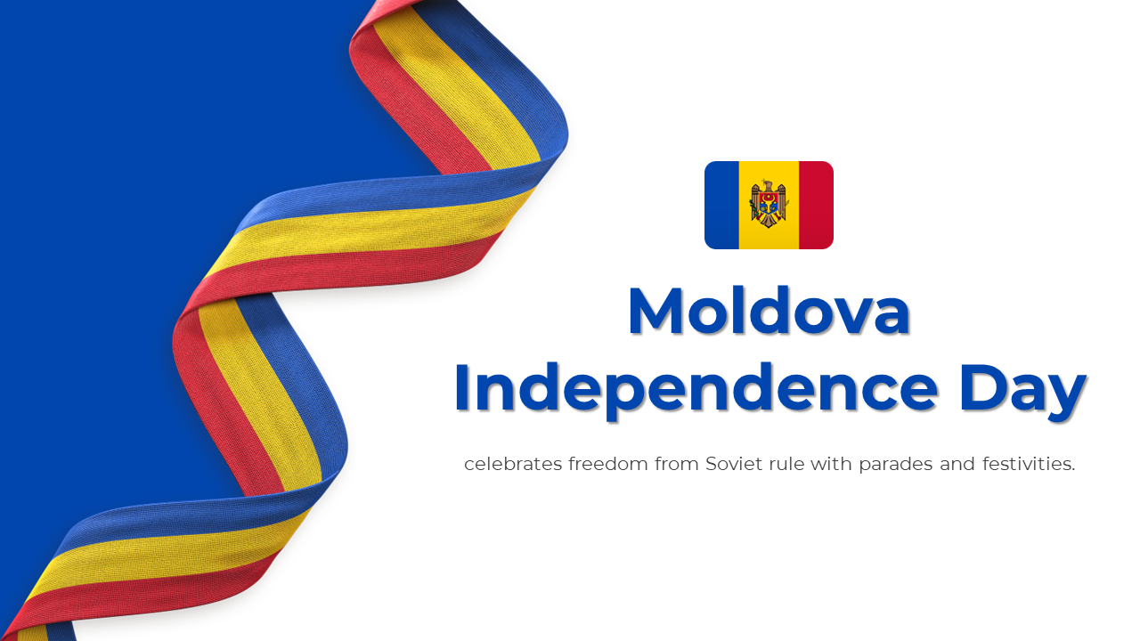 Moldova Independence day slide deck with blue and red accents, highlighting national symbols, history, and celebrations.