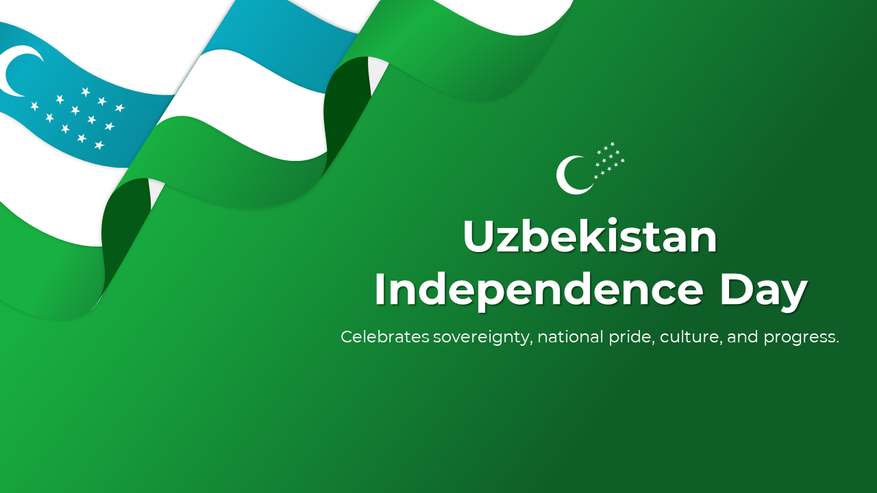 Green and white-themed Uzbekistan Independence Day slide deck, with flag visuals and sections from history to aspirations.