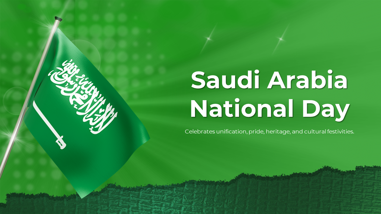 Saudi Arabia national day slide deck with vibrant green background, featuring the flag, history, and cultural celebrations.