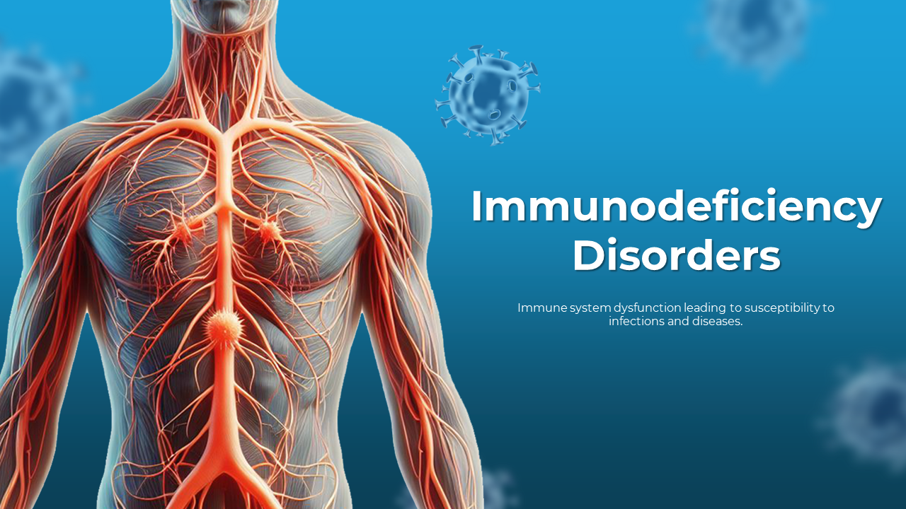 Slide deck of human immunity organs and lymph nodes on a blue background, representing immunodeficiency disorders.