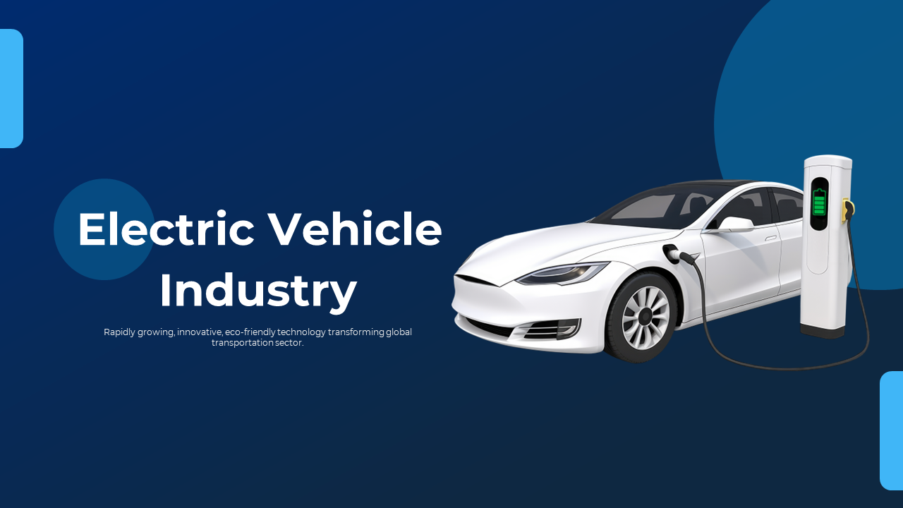 PowerPoint slide deck on electric vehicles, featuring topics like innovation, industry challenges, and future trends.