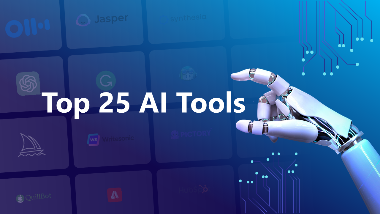 Cover slide deck with top AI tools text from ChatGpt to gemini and an image of a robotic hand and circuit design.