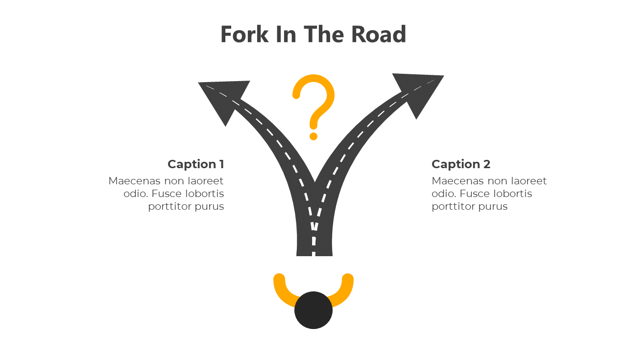 Slide deck with black forked road illustrations, showing arrows leading to different paths, with yellow question marks.