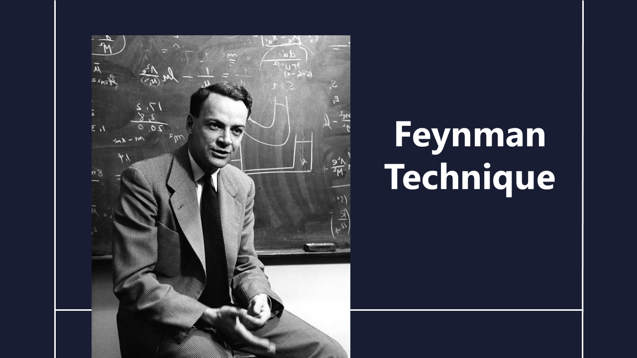 Feynman technique slides featuring a photo of Richard Feynman and sections on introduction and step by step process.