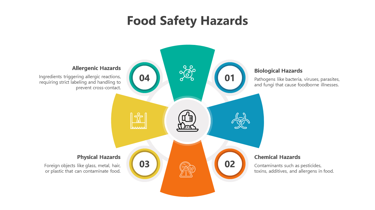 Food Safety Hazards slides with different colorful layout designs and icons with text descriptions.