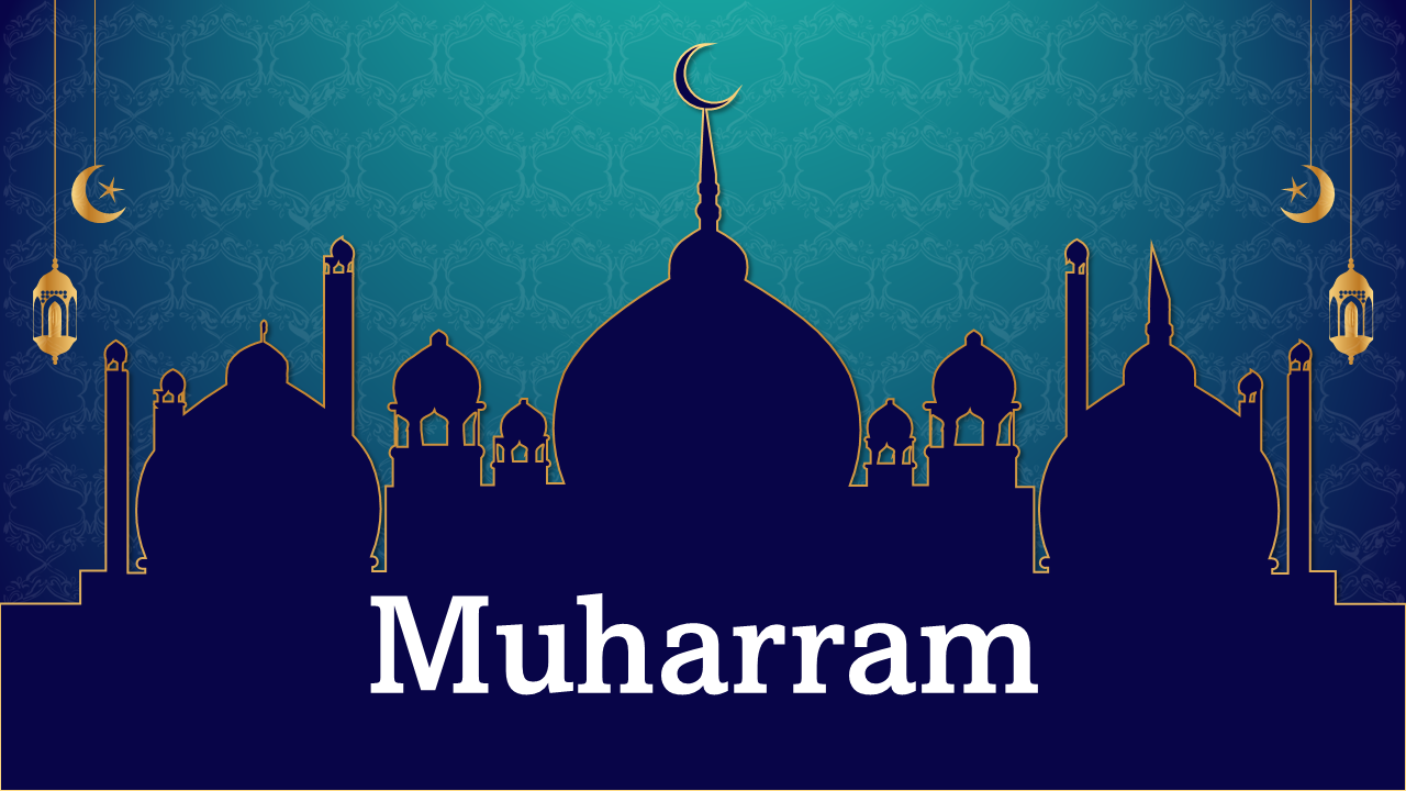 Muharram themed slides with Islamic architectural elements, a crescent moon, and content on commemorative practices.