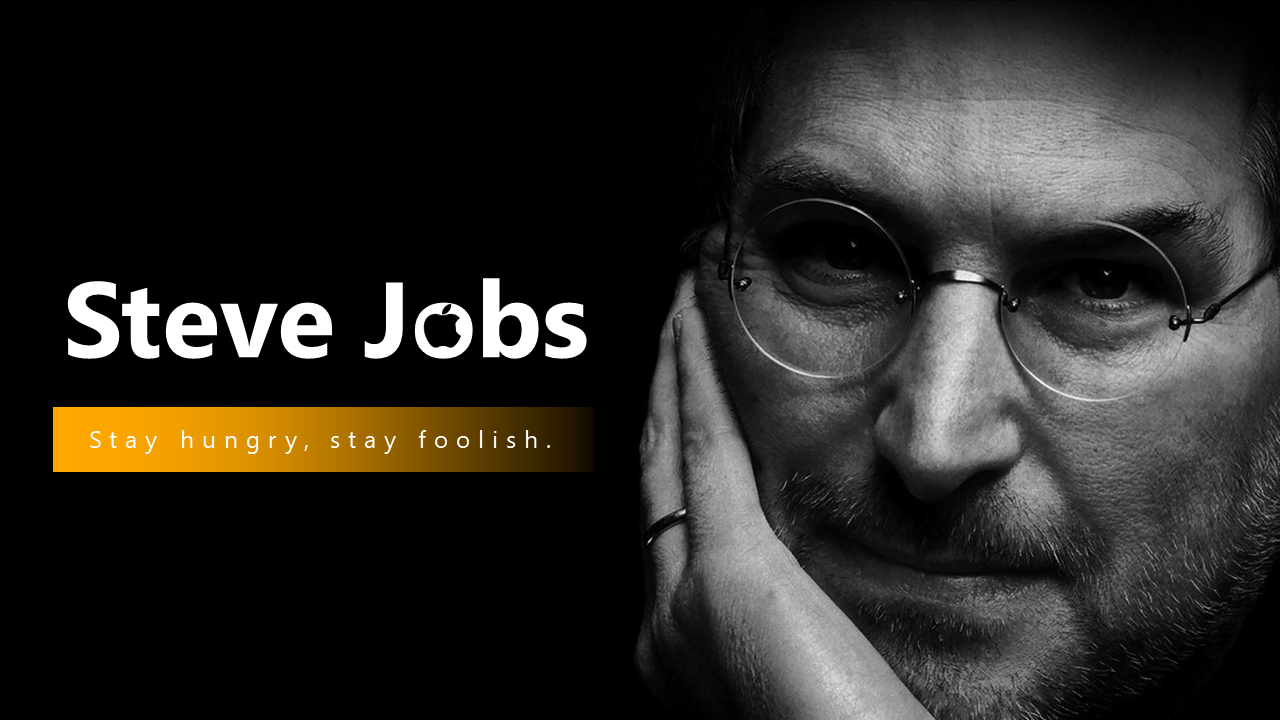 Slide deck on Steve jobs with black backgrounds and gold accents, covering his life, apple founding, and leadership.