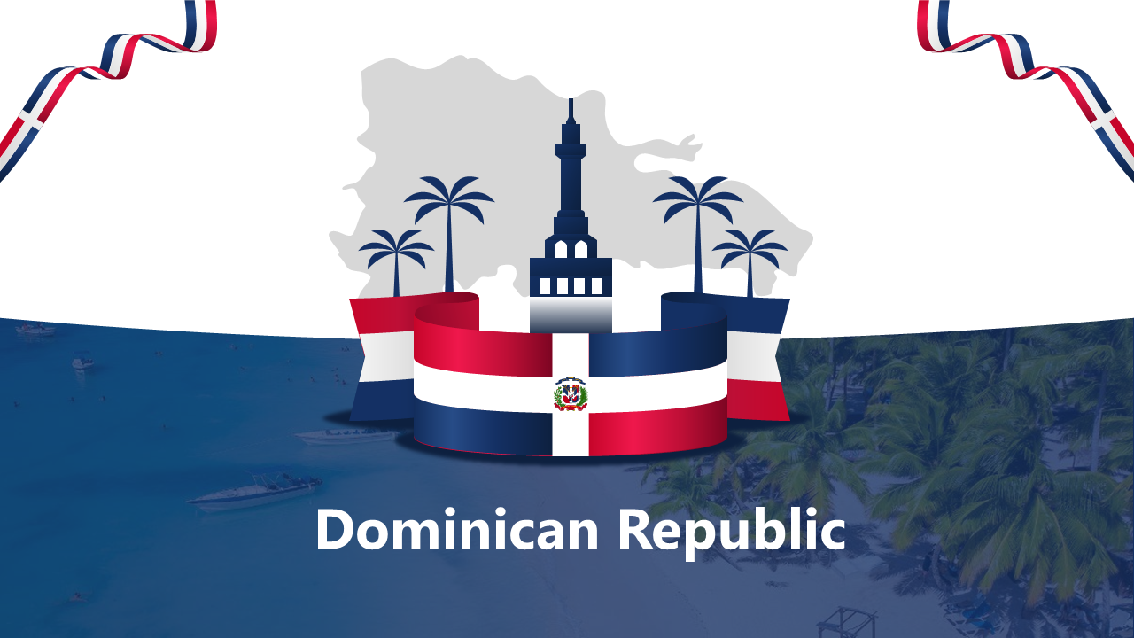 Dominican Republic slide deck showing cultural heritage, sports, healthcare, and global context, with vibrant flag elements.