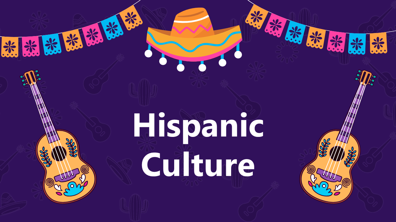 Hispanic culture title slide deck featuring traditional sombrero, floral banners, and decorated guitars.