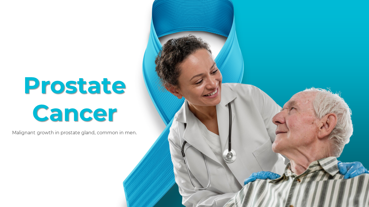 Prostate cancer slide deck with a blue theme, covering symptoms, diagnosis, treatment options, and preventive measures.