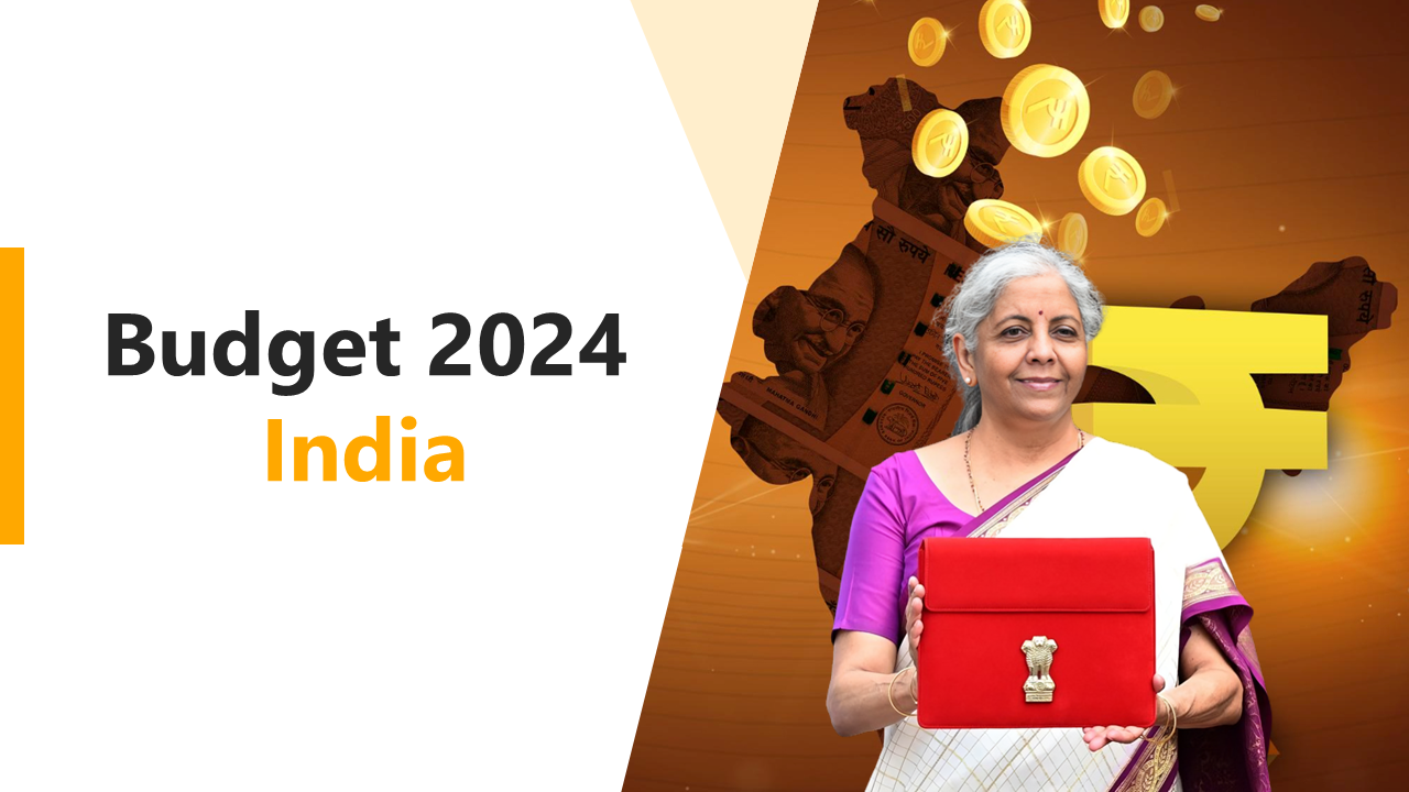 Orange accented slide deck with images, charts, and icons illustrating India's 2024 budget themes, sectors, and tax reforms.