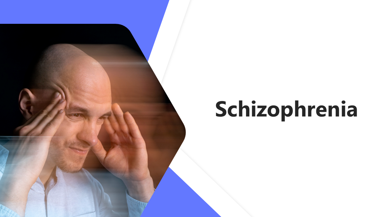 Slide deck illustrating schizophrenia symptoms, types, causes, and treatment methods with blue accents and relevant visuals.