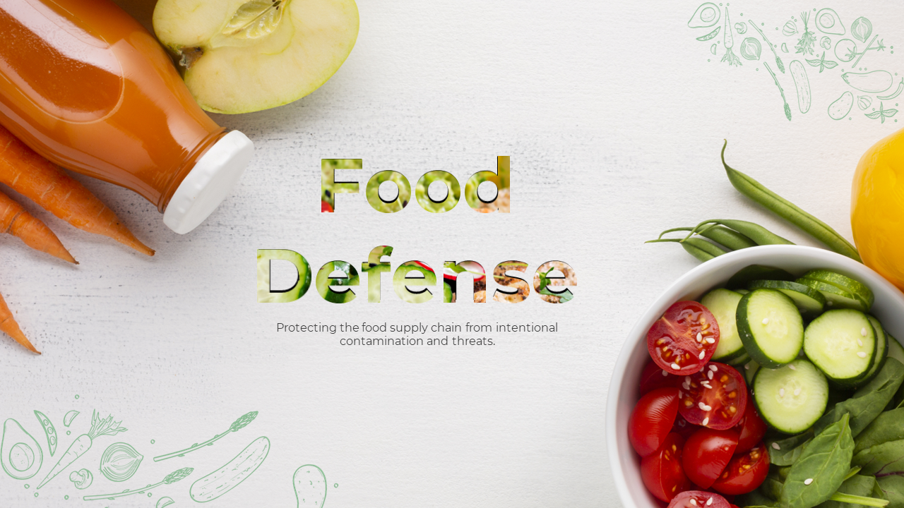 Food defense concept slide deck with fresh produce and text about protecting the food supply chain.