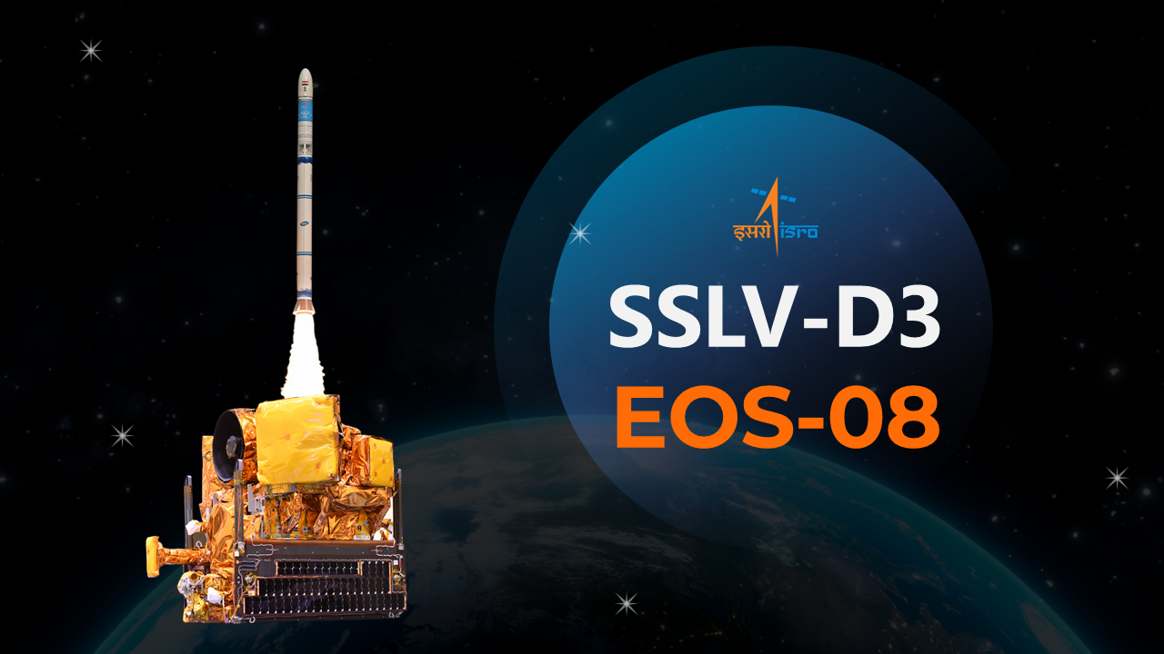 Slide deck showcasing the SSLV-D3 rocket launch, mission specifications, and technical details against a starry backdrop.