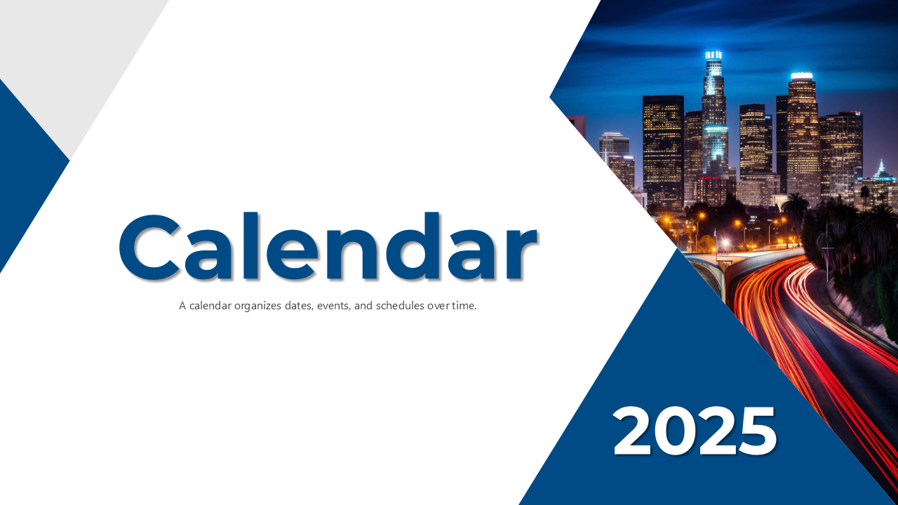 2025 calendar slides featuring a modern design with monthly layouts for each month, showcasing city skyline images.