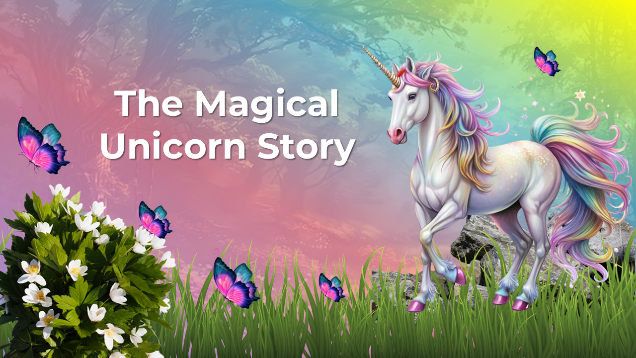 Fantasy themed slide deck with a pastel sky, sparkling unicorn, butterflies, lush grass, and a magical fairytale layout.