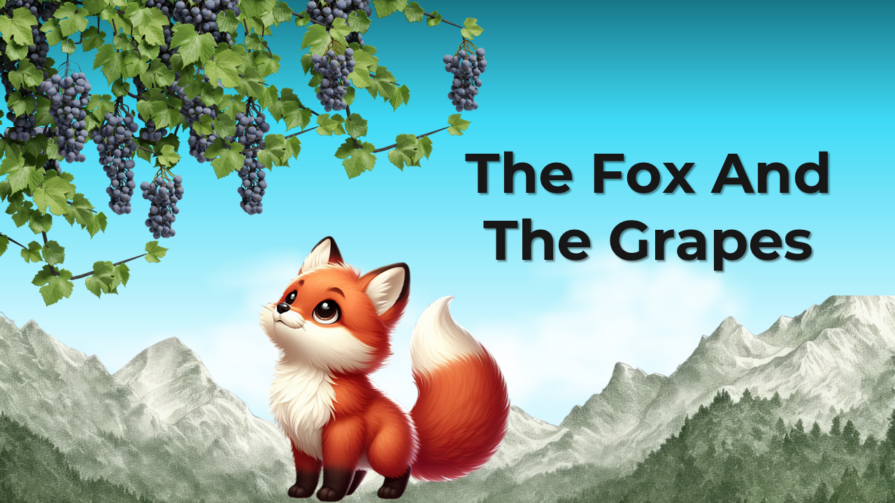 Storybook slides with a cute fox, hanging grapes, on blue sky, and mountains, illustrating the fable in a colorful layout.