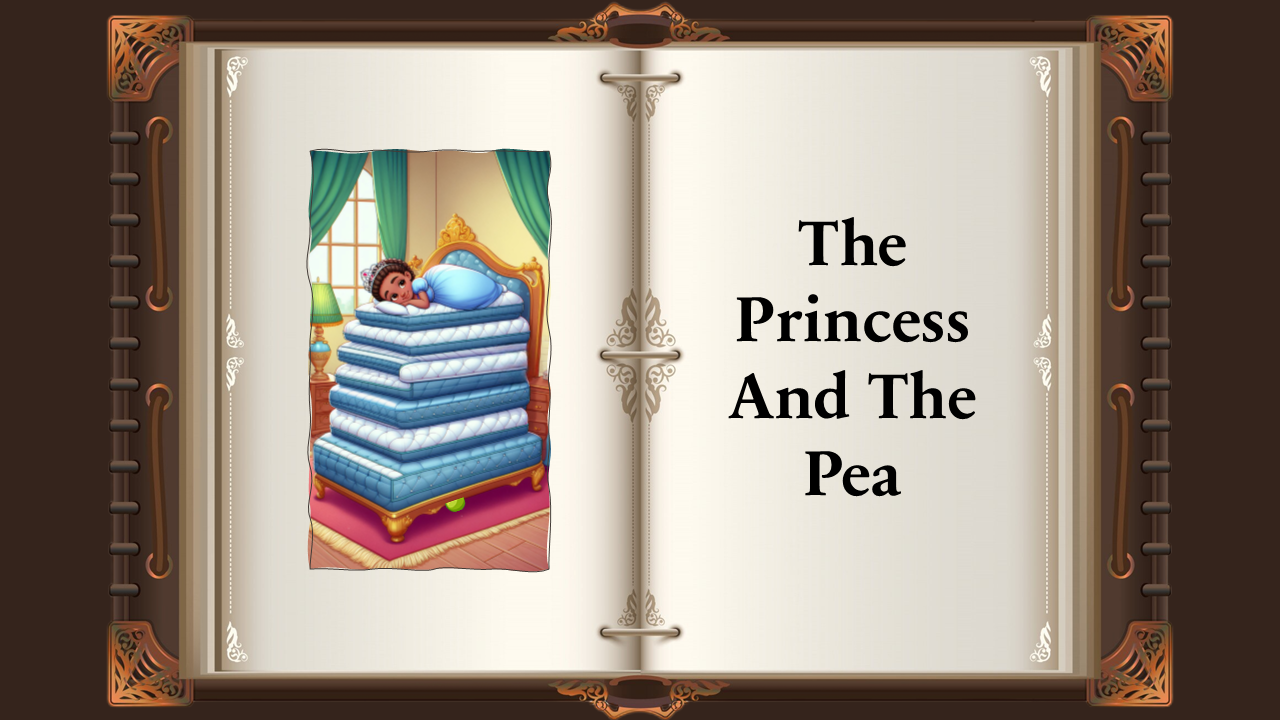 Thre princess and the pea slides with a vintage book design, decorative frame, and illustrated scenes on an open page layout.