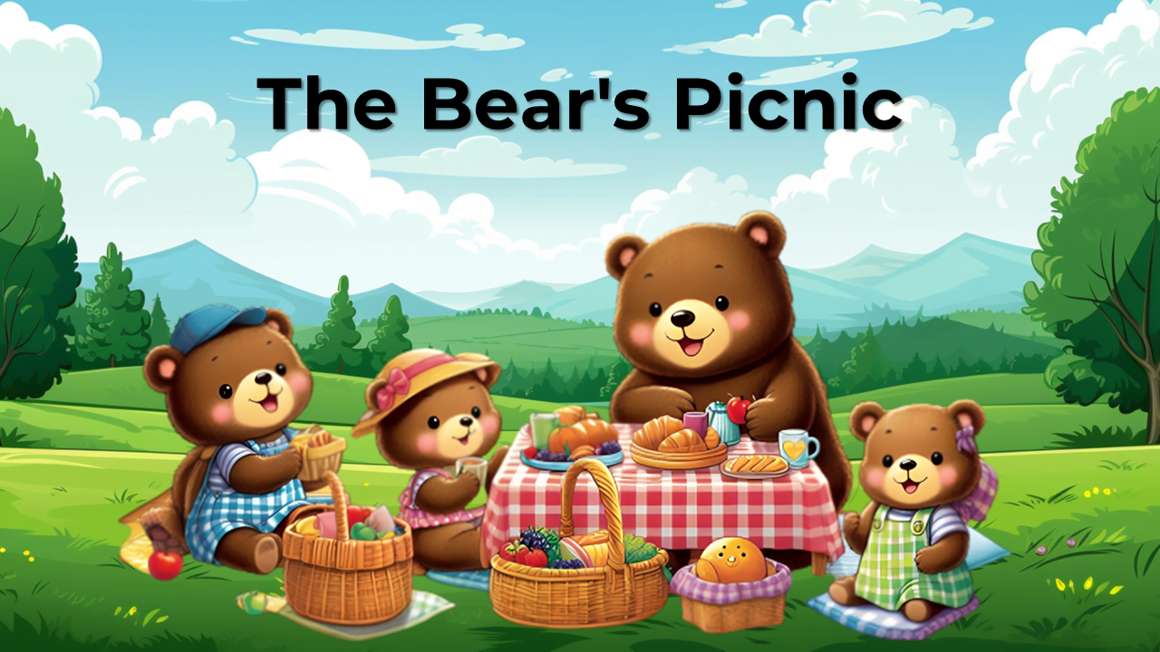 Storybook slide deck featuring a bear family enjoying a picnic in a lush green forest, with wooden signboards for text.