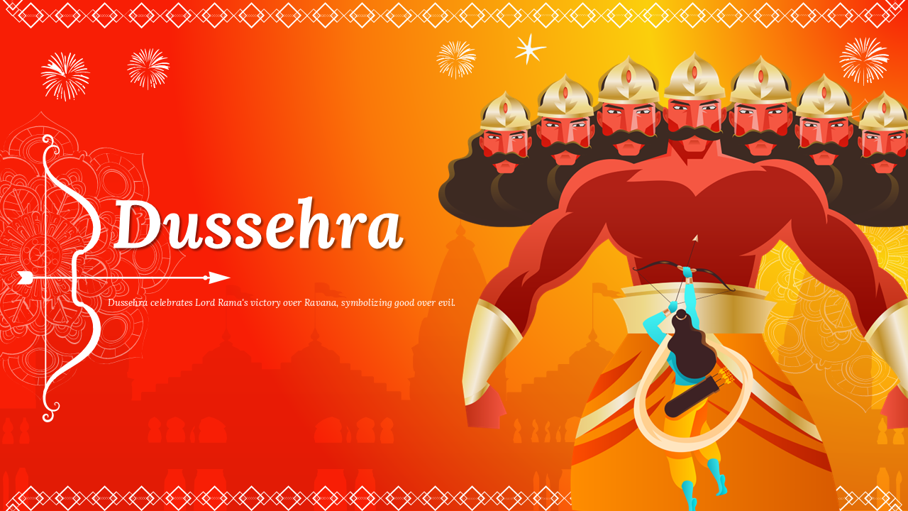 Dussehra presentation with Lord Rama's victory over Ravana, showing rituals, regional variations, and celebrations.