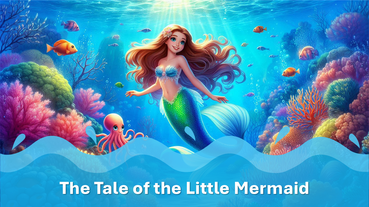 Bright, vivid scenes of the Little Mermaid story, highlighting her ocean life, human encounters, and magical transformation.