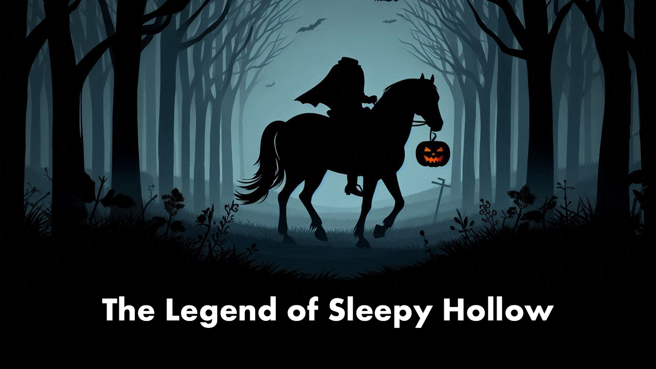 Illustrations from The Legend of Sleepy Hollow showcasing spooky forests, the Headless Horseman, and key story moments.