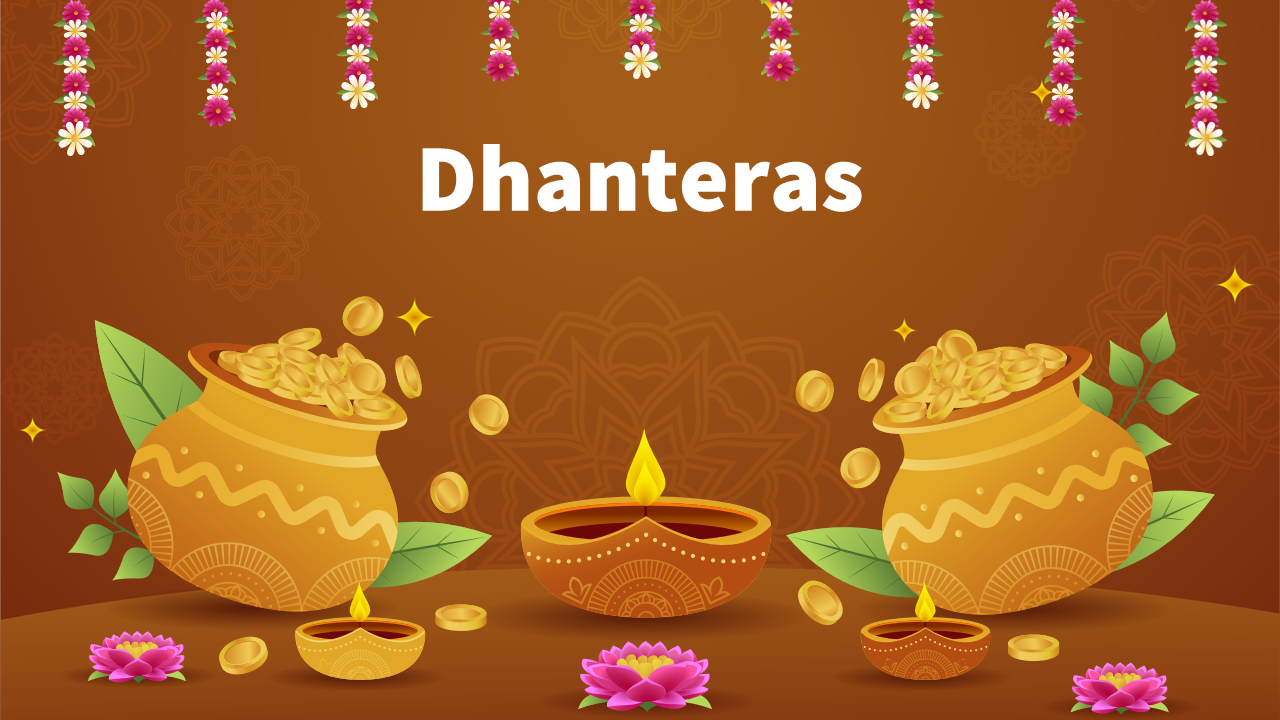 Slides on Dhanteras with vibrant images of gold, diyas, and cultural symbols, highlighting the festival's wealth and prosperi