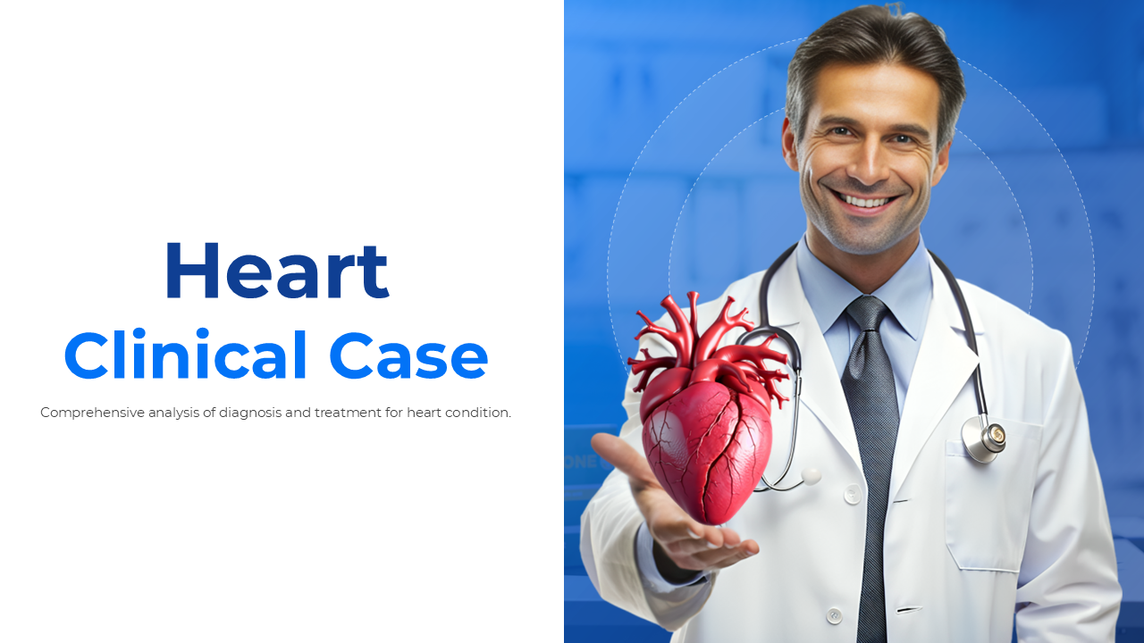 A medical presentation template displaying the analysis of a heart clinical case with diagnostic tools and treatment plans.