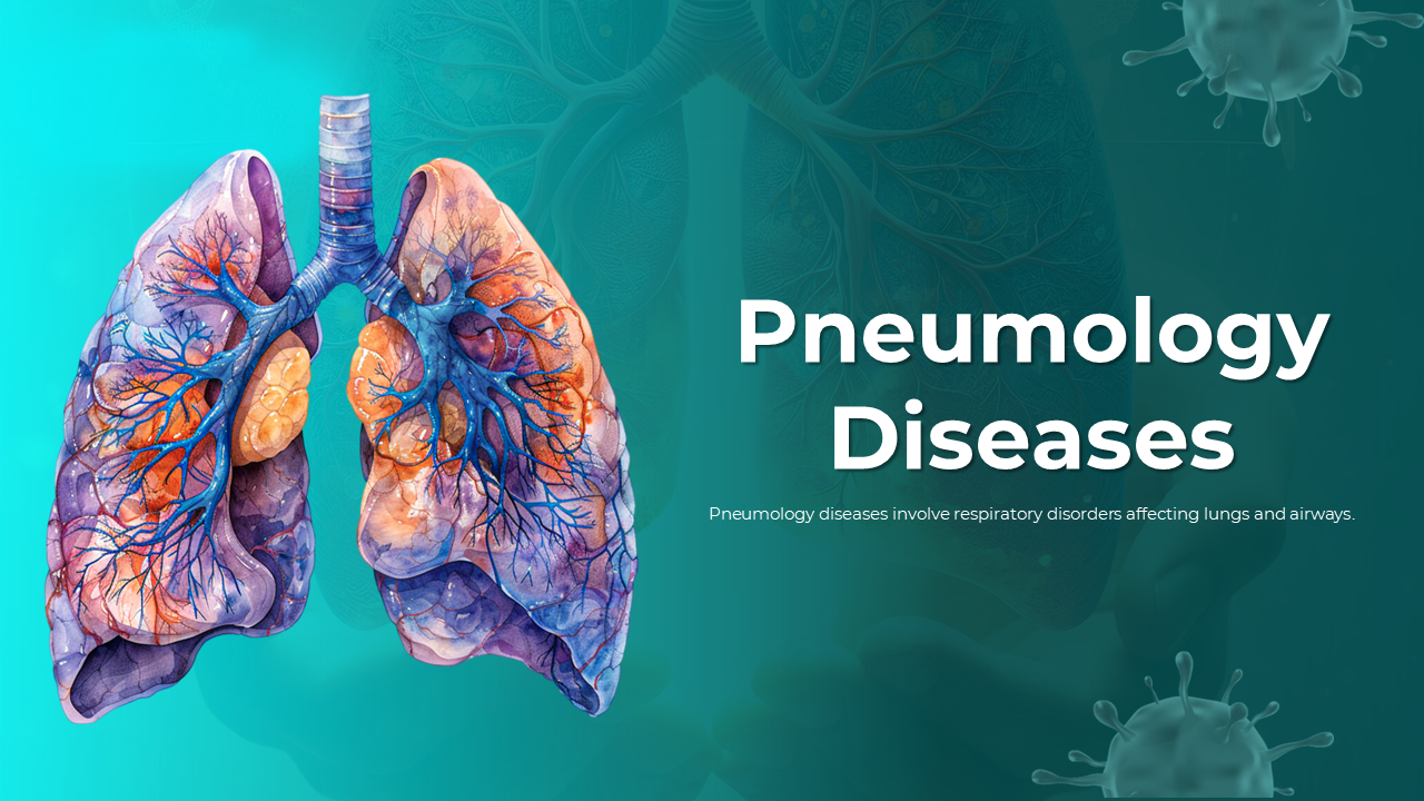 Pneumology diseases slides with lung visuals, causes, symptoms, and diagnosis methods like X-rays and CT scans.