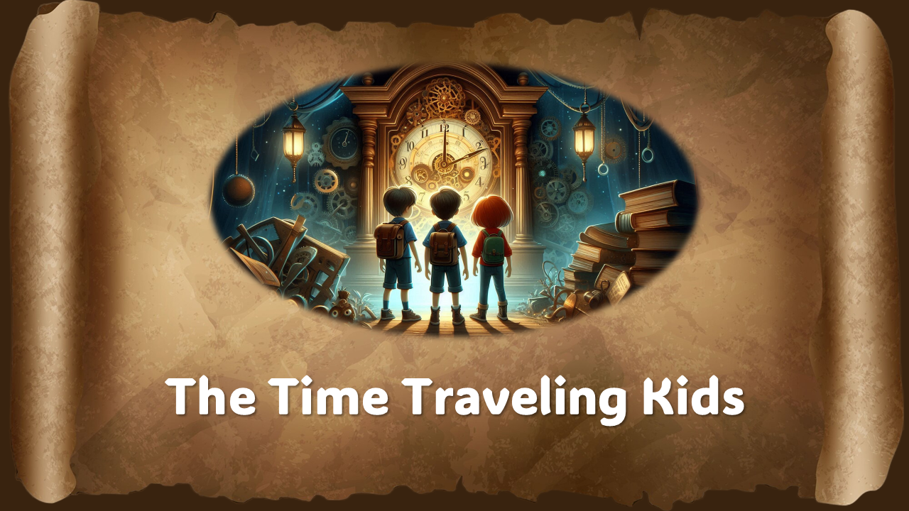 Illustrated slides showing kids embarking on time-travel adventures, exploring historical events and futuristic worlds.