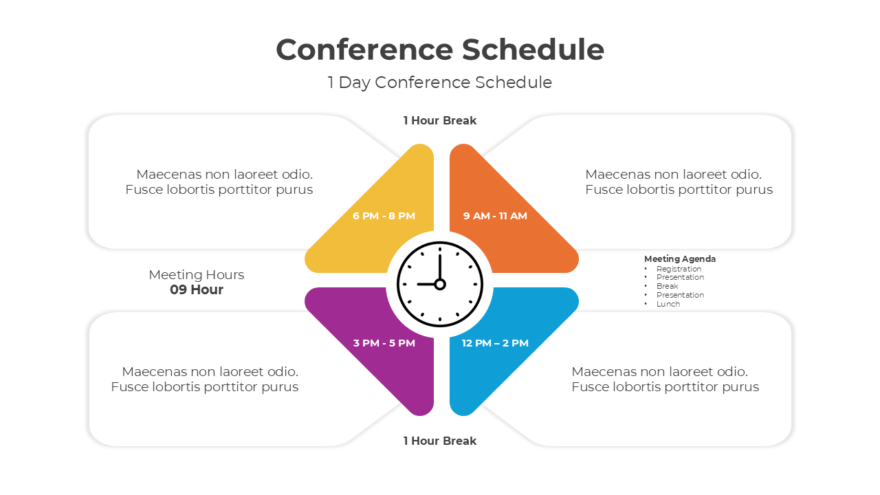 Week-long conference schedule chart with daily events and time blocks, featuring vibrant color codes for each day.