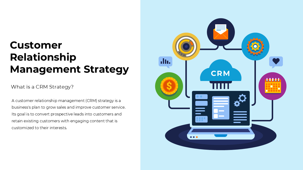 CRM strategy slides with icons, flow arrows, and placeholders for customer acquisition, retention, and engagement steps.