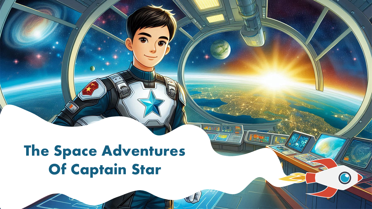 Space-themed presentation of Captain Star’s interstellar adventures with vivid scenes and diverse alien characters.