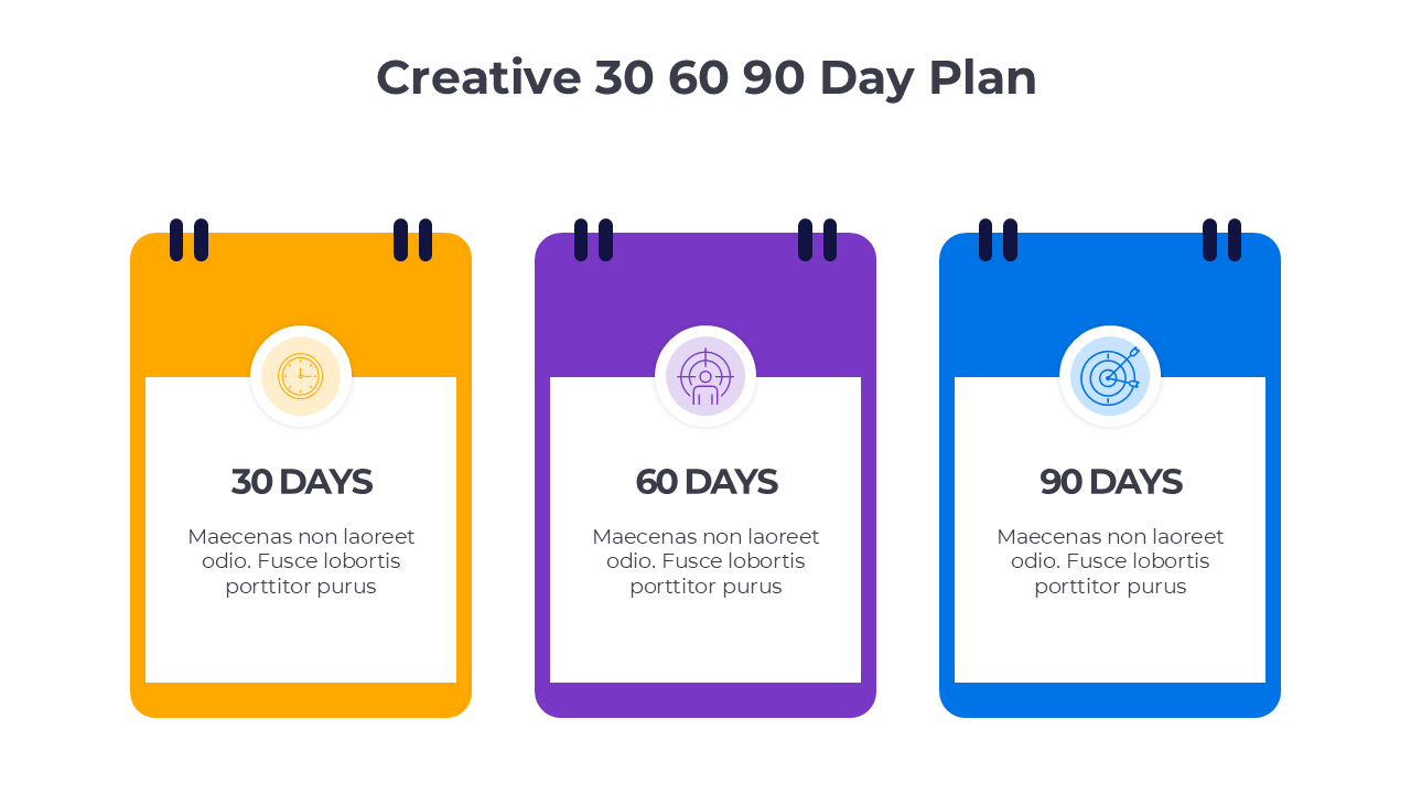 Structured 30-60-90 day plan design with segmented goals in bright colors for tracking progress over time.