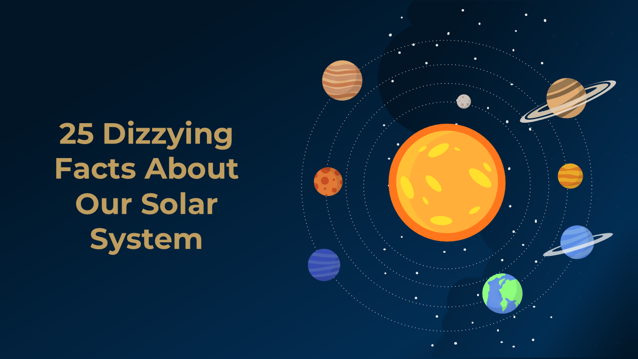 Visual solar system presentation detailing 25 unique facts, featuring planets, stars, and space phenomena on a dark theme.