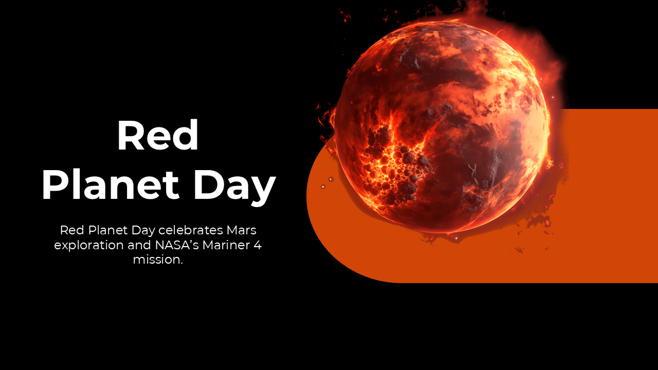 Mars-themed Red Planet Day presentation featuring exploration history, key missions, and planet characteristics.