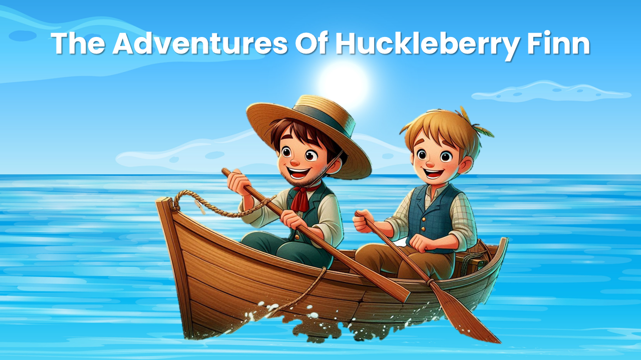 Storybook-style presentation of 'Huckleberry Finn' with illustrated pages showing Huck and friends on their journey.