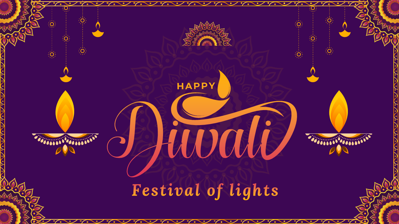 A vibrant Diwali presentation template with decorative mandala borders, featuring diya illustrations and festive-themed slide