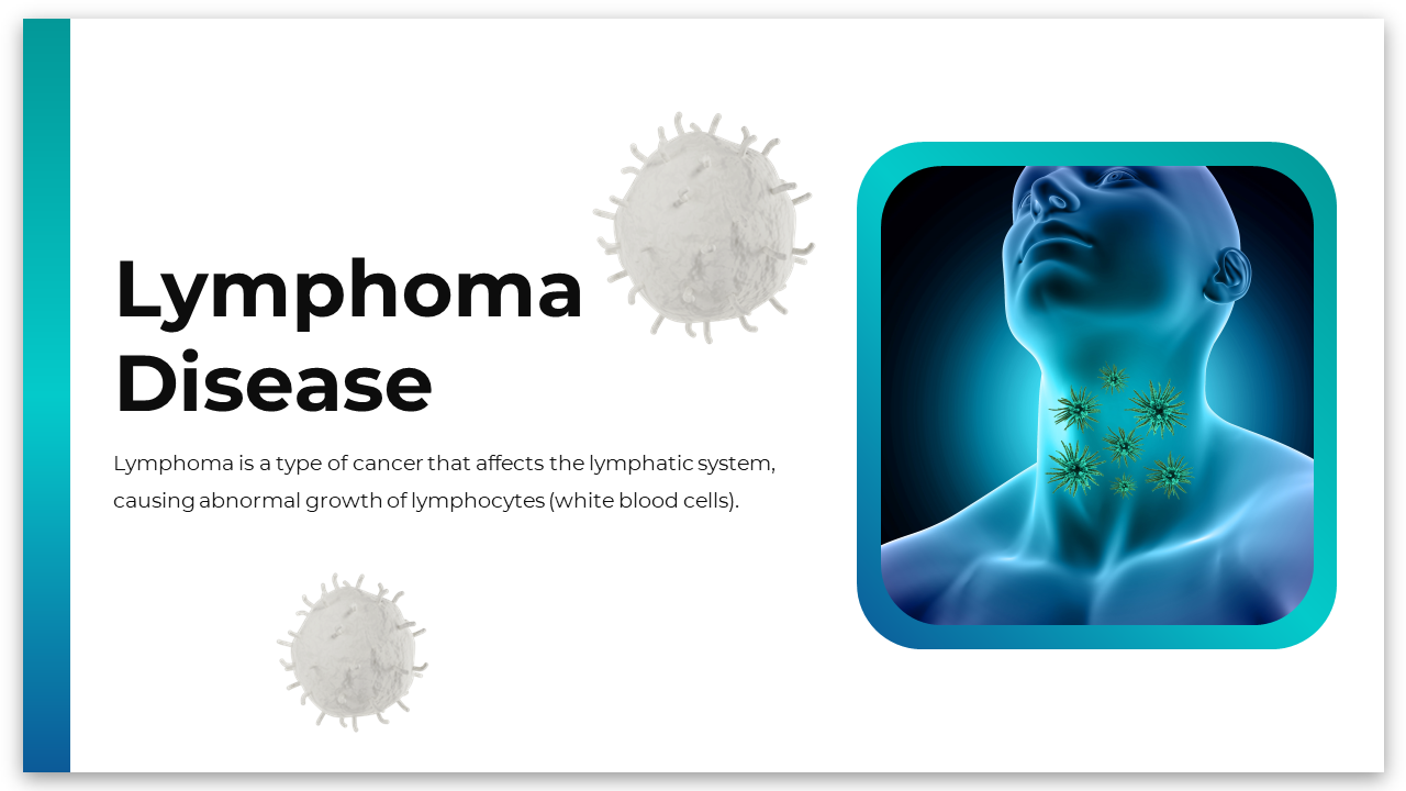 Lymphoma disease info slides covering causes, diagnosis, and treatment, with visuals of lymphatic system and symptom icons.