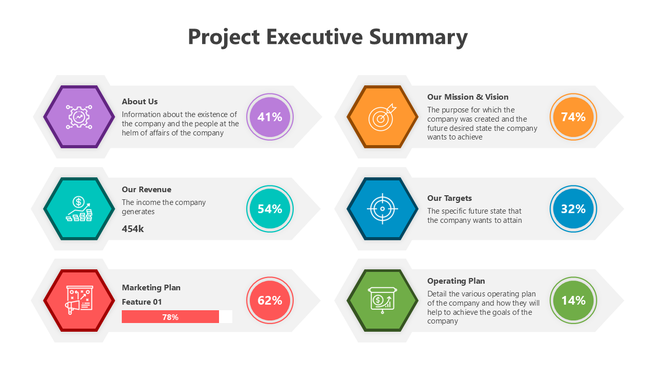 Visual project executive summary including metrics for mission, revenue, and targets in a colorful, structured format.