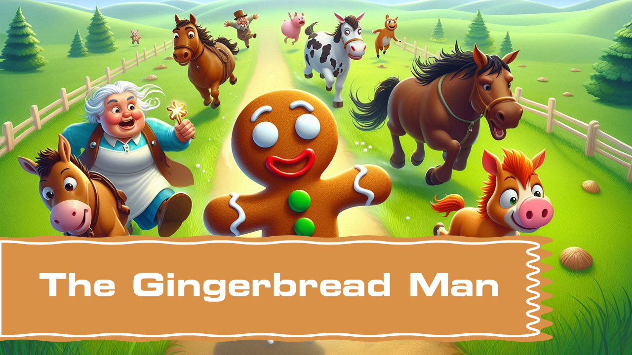 The Gingerbread Man story slides showing his escape, meeting animals, and crossing obstacles in vibrant, animated scenes.