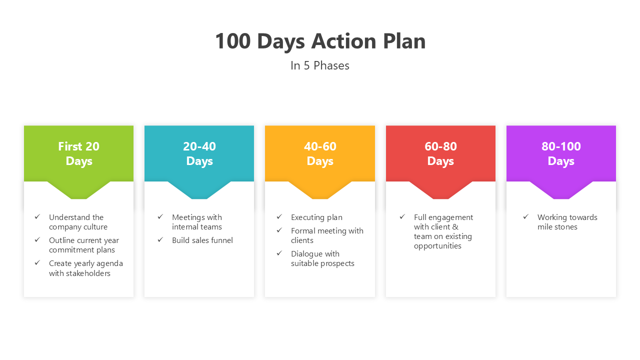 Structured 100-day action plan with timeline segments for targeted engagement and goal progression.