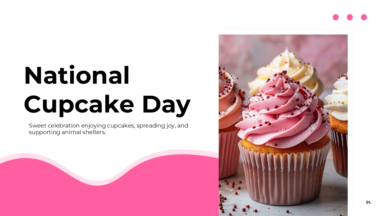 National Cupcake Day slides featuring pink designs, cupcake images, and sections on history, facts, and ways to celebrate.